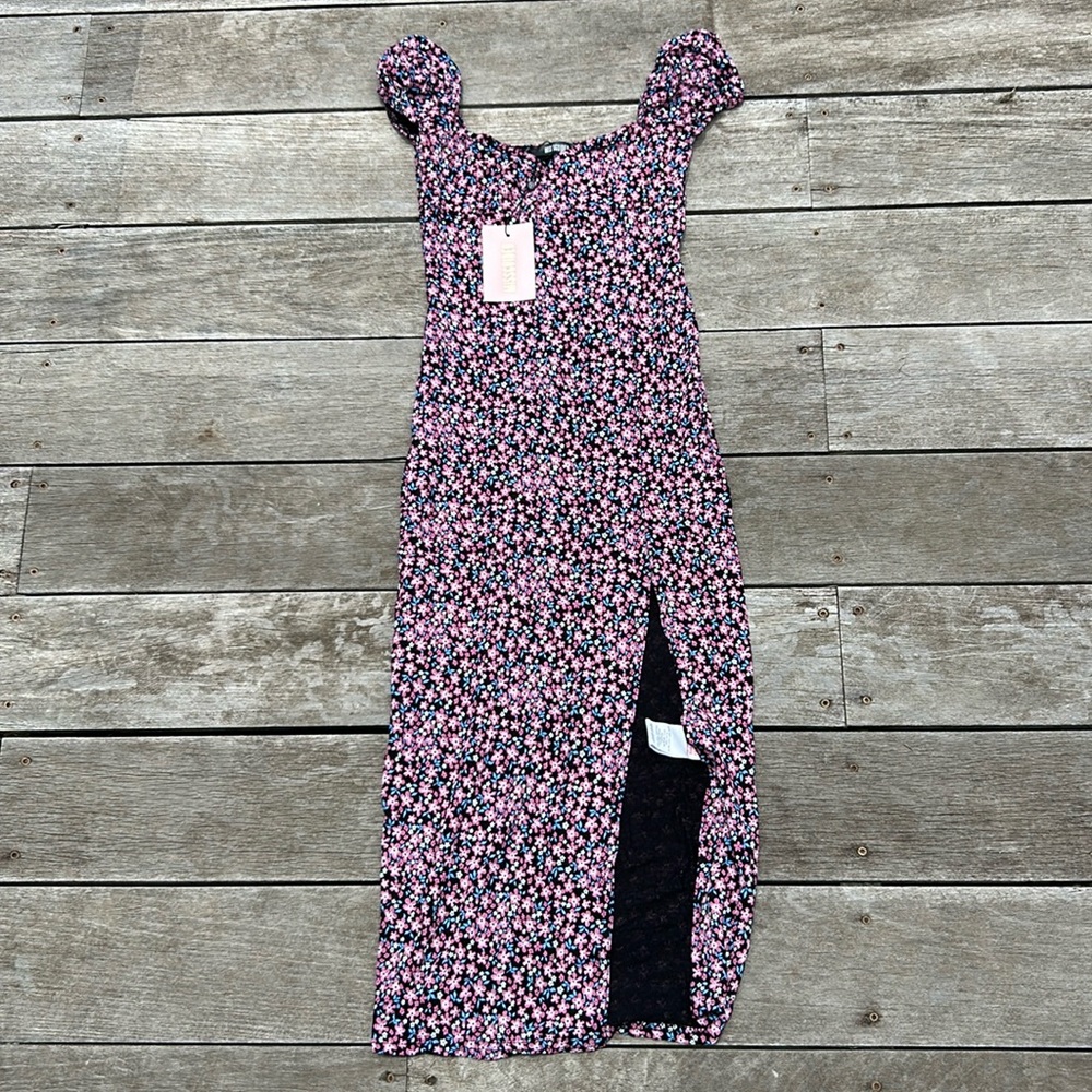 Missguided Milkmaid Split Midaxi Dress, Floral, US 4
